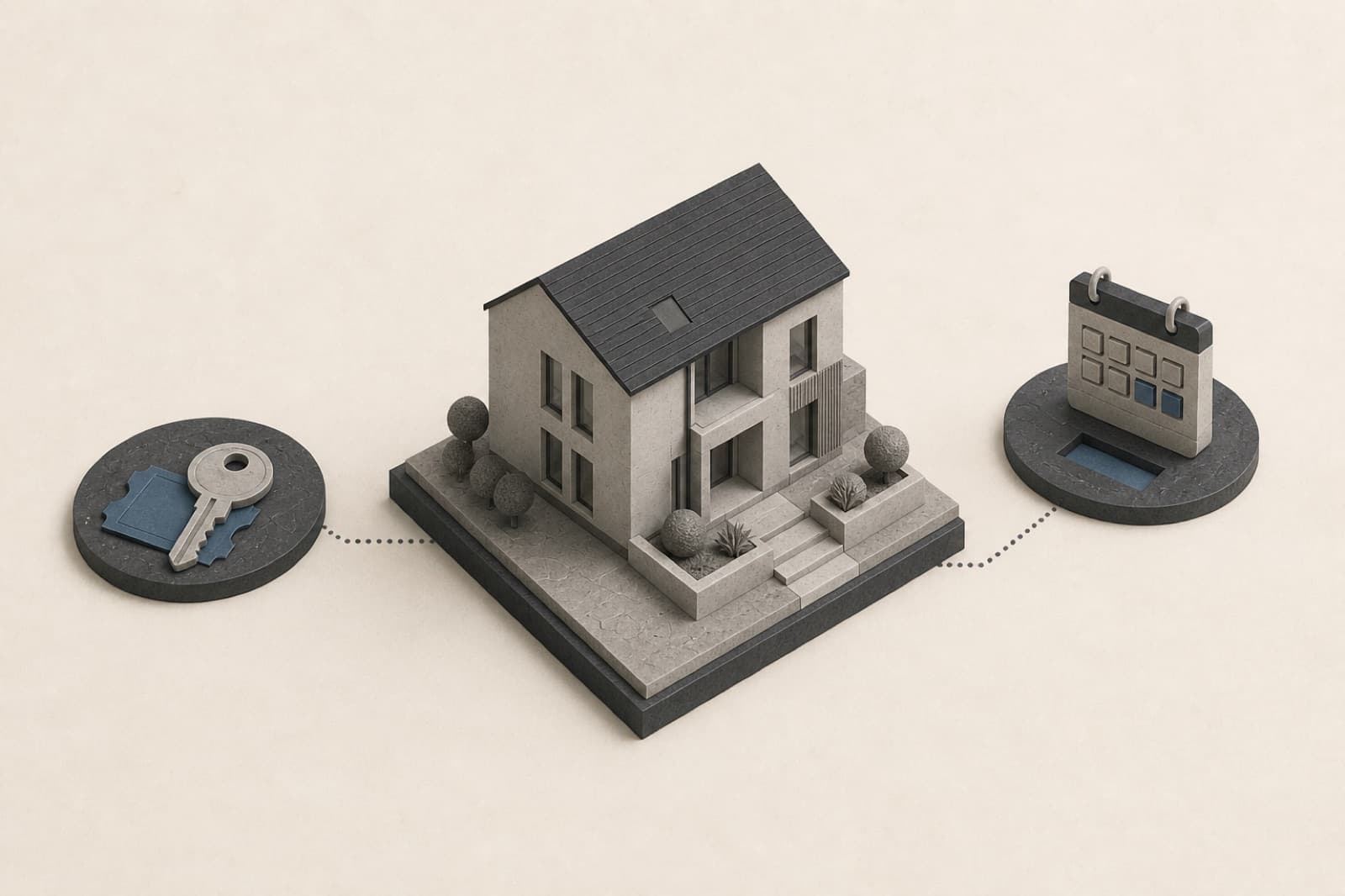 A house model, a key, and a viewing slot on one path.
