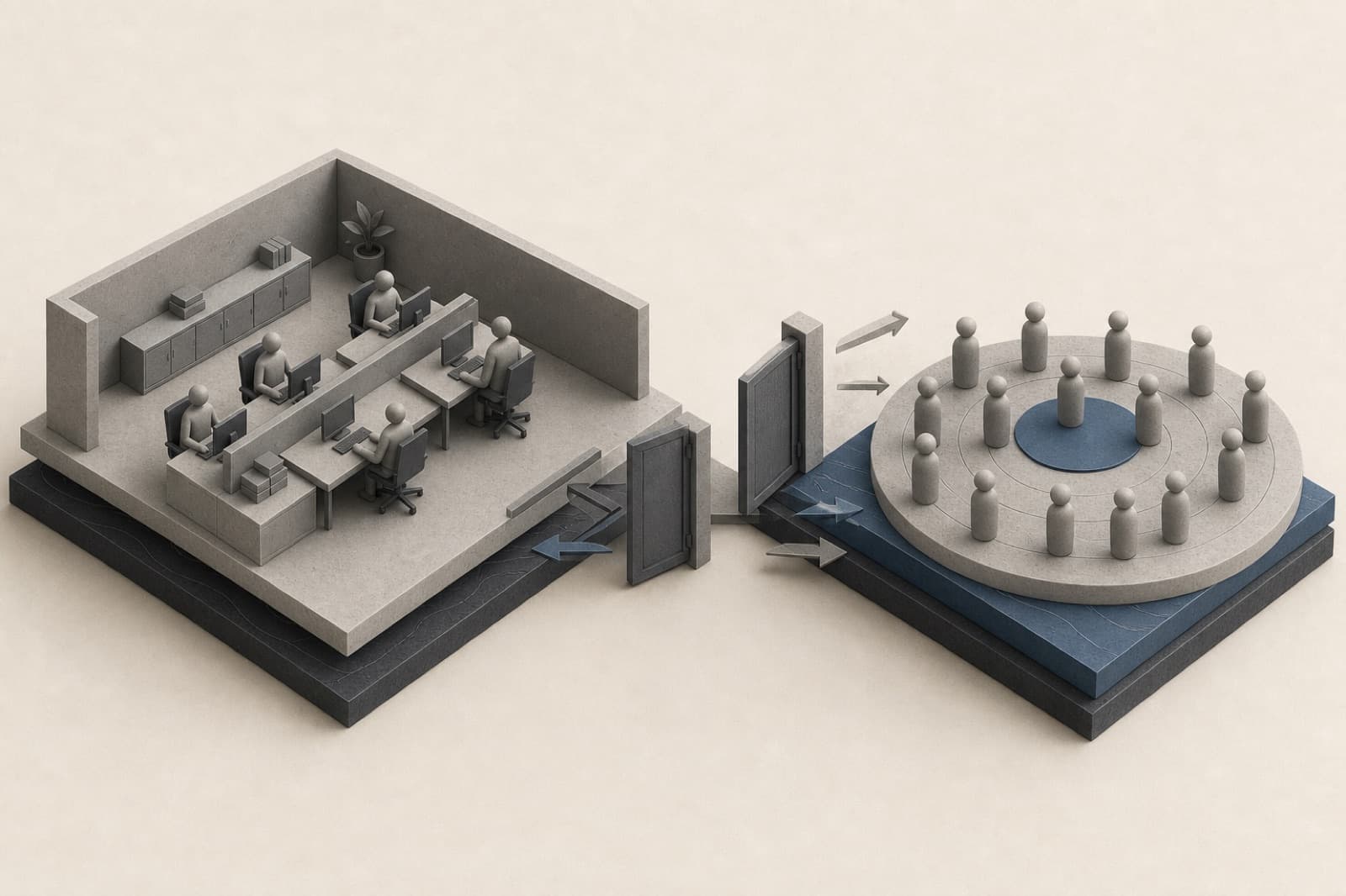An inward office versus a gate that opens both ways.